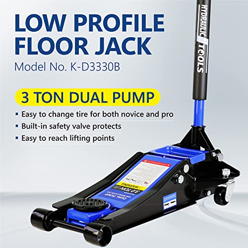 3T Low Profile Steel Floor Jack, 6600 lb, Dual Pump, 3.3"-18.5" Lift, Blue | Heavy-duty steel, dual-piston quick lift, low profile, 3.3"-18.5" range, overload safety protection. - size: 3T Dual Pump 3.3"-18.5"