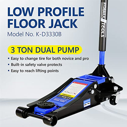 3T Low Profile Steel Floor Jack, 6600 lb, Dual Pump, 3.3"-18.5" Lift, Blue | Heavy-duty steel, dual-piston quick lift, low profile, 3.3"-18.5" range, overload safety protection. - size: 3T Dual Pump 3.3"-18.5"