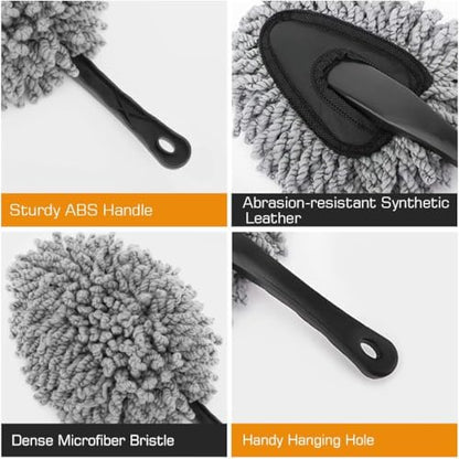 Car Duster, 2 Pack Super Soft Microfiber Dash Duster Detail Brush Set Interior Exterior Cleaning Dusting and Washing Tool for Cars, Trucks, SUVs & RV - Gray