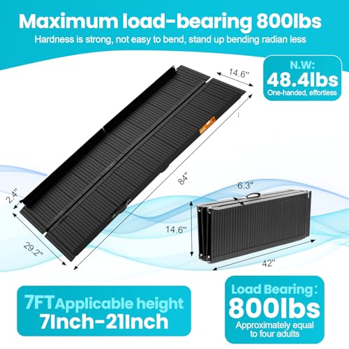 Wheelchair Ramp 7ft, Portable Non-Skid Aluminum Ramps for Wheelchairs for Home Steps, 800 LBS Capacity Handicap Ramp for Doorway, Homes, Threshold, Entry, Stairs 84" Lx 29.2" Wx2H - size: 7FT(Applicable height7"-21")