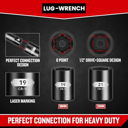 zhax Telescoping Lug Wrench, Extended Lug Wheel Wrench with 19mm(3/4") and 21mm(13/16”) CR-V Steel Sockets, Tire Repair Tools for Car, Truck & Van