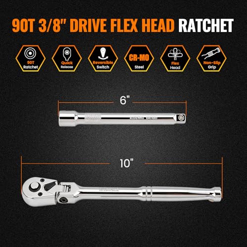 Flex Head 3/8" Drive Ratchet Wrench, 90T Long Reach Ratchet, Quick-Release Reversible with Cr-Mo Head and 6" Extension Bar for Tight Spaces & Automotive Repair - size: 3/8"