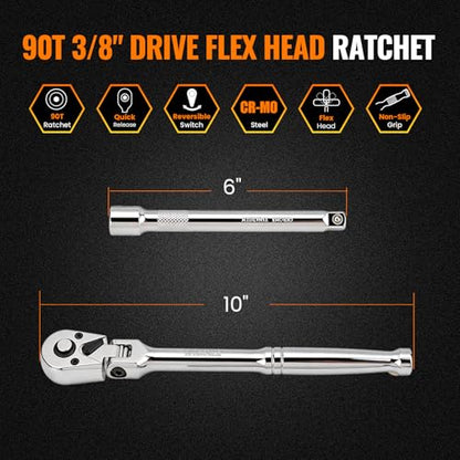Flex Head 3/8" Drive Ratchet Wrench, 90T Long Reach Ratchet, Quick-Release Reversible with Cr-Mo Head and 6" Extension Bar for Tight Spaces & Automotive Repair - size: 3/8"