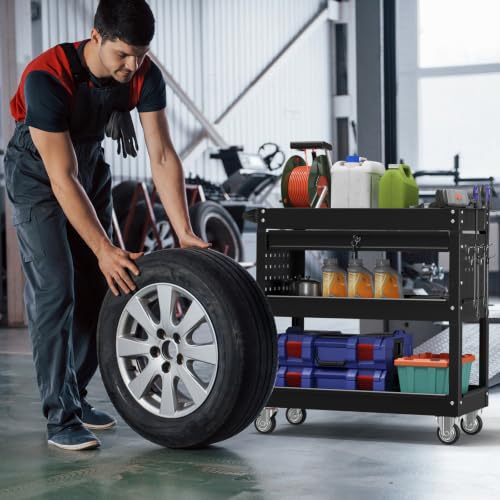 3 Tier Rolling Cart, Heavy Duty Utility Industrial Service Carts on Wheels, Metal Tool Cart with Locked Drawers, Ideal for Garage, Warehouse and Repair Shop（Black） - color: Black