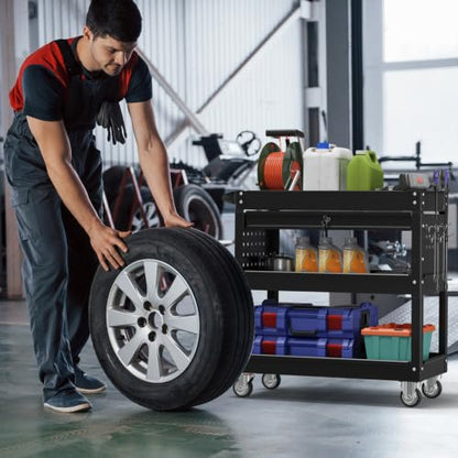 3 Tier Rolling Cart, Heavy Duty Utility Industrial Service Carts on Wheels, Metal Tool Cart with Locked Drawers, Ideal for Garage, Warehouse and Repair Shop（Black） - color: Black