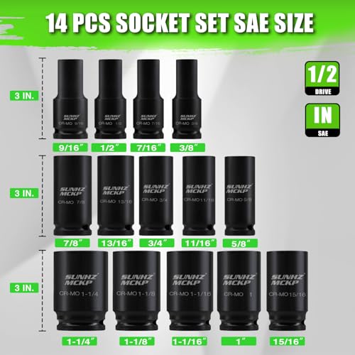 SUNHZMCKP 20 PCS 1/2" Impact Socket Set, Drive Deep 6 Point Socket Set, Including Standard SAE Sockets (3/8" to 1-1/4"), 3 ", 6", 10" Impact Extension Bar and Drill Socket Adapter, Cr-MO - size: 20-Pc 1/2" SAE Impact Socket Set