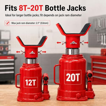 Bottle Jack Adapter with Triple-Lock, Fits 8-20 Ton Bottle Jacks up to 2.1" Ram Diameter, Heavy Duty 1/4" Steel Saddle for 3" to 5" Round Axle Tubes, for RVs, Trucks and Trailers - color: Red (10–20T)