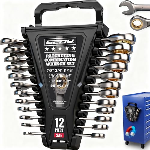 Premium 12-Piece SAE Ratchet Wrenches Set with Magnetic Organizer 1/4"-7/8", 72-Tooth Ratcheting Wrench Set, Cr-V Steel Ratchet Combination Wrench Set for Automotive, Machine Repair - style: 12-Piece Ratchet (SAE)