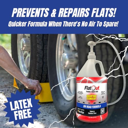 FlatOut QuickStrike On Road Tire Sealant - NEW Formula - Prevents Flat Tires - Seals Leaks - Contains Kevlar - Tubeless Tire Sealant - 1 Gallon + Tool - size: 128 Fl Oz + Tool