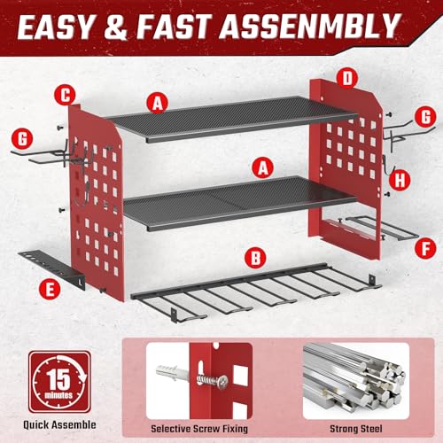 SUNALLY Power Tool Organizer, Heavy Duty Wall Mount Tool Organizer 3 Layers with 4 Drill Holders, Garage Tools Storage Rack with 2 Side Pegboards and Hooks for Workshop, Shed, Red - style: 4 Drill Holders D