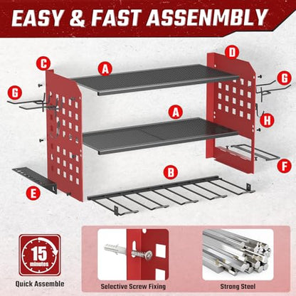 SUNALLY Power Tool Organizer, Heavy Duty Wall Mount Tool Organizer 3 Layers with 4 Drill Holders, Garage Tools Storage Rack with 2 Side Pegboards and Hooks for Workshop, Shed, Red - style: 4 Drill Holders D