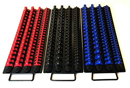 240pc SOCKET STORAGE TRAY RAIL RACK HOLDER SET 1/4 3/8 1/2 RED BLACK BLUE 17-1/2" LONG 3 TOTAL TRAYS 6" WIDE