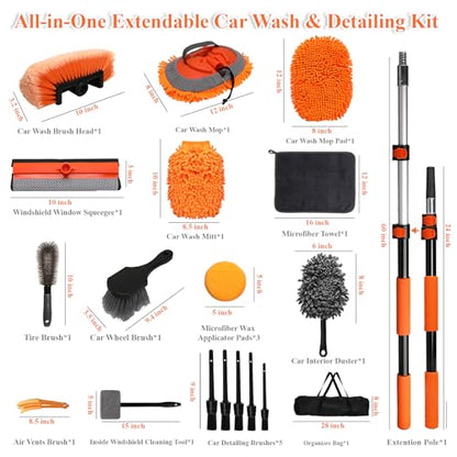 21Pcs Car Wash Kit with 60" Heavy-Duty Extension Pole, Soft Car Wash Brush, Wheel & Tire Brush, Scratch-Free Car Mop Mitt & Window Squeegee, Detailing Tool for Car Exterior & Interior Cleaning - style: Interior & Exterior