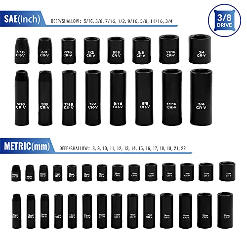 Reniteco 50-Piece 3/8" Drive Socket Set, SAE (5/16"-3/4") & Metric (8mm-22mm), Deep & Shallow, 72-Tooth Ratchet Wrench, Extension Bars, 1/2" F to 3/8" M Reducer, Universal Joint & Power Drill Adapter - size: 3/8" 50 PCS SAE & Metric