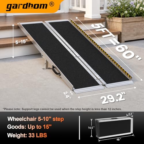 gardhom 5FT Ramp for Wheelchair for Home Steps, 800Lbs Load Capacity Anti-Slip Aluminum Portable Folding Handicap Ramp for Home Entrance Threshold Doorways Stairs Curbs Scooter - size: 5 Foot (Pack of 1)