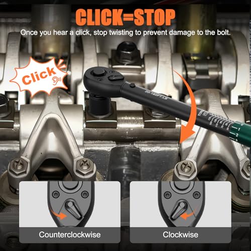 1/2" Click Torque Wrench, 20-180 Ft-Lb, 72-Tooth, ±3% Accuracy | Dual Direction Reversible Ratchet Head, Quick Release, for Motorcycle, Car, Automotive Tire & Lug Nut Maintenance - size: 20-180 ft.lb（1/2-Inch）