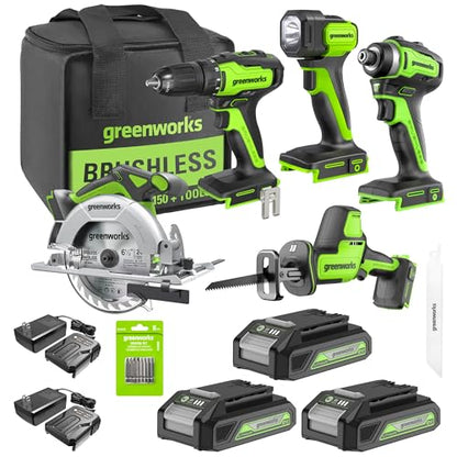 Greenworks 24V 5pcs Brushless Power Tool Combo kit: 310 in. -lbs Drill Driver, 1950 In. Ibs Impact Driver, Reciprocating Saw, Circular Saw, Flashlight With 3×2Ah Batteries & 2×Fast Charger - size: 5PCS Combo Kits