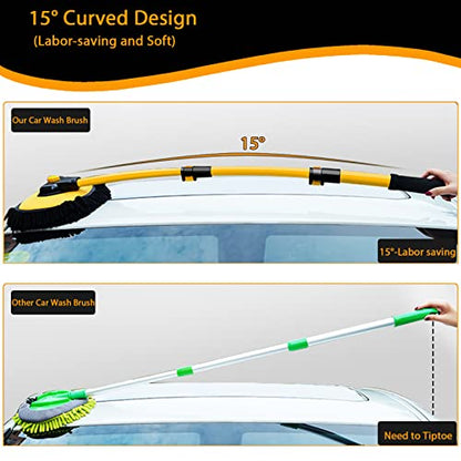 15° Curved Car Cleaning Brush with Telescopic Handle 43" Aluminum Alloy Long Rod Wash Mop For Washing Caravan Van Truck Boat RV Roof Soft Chenille Head Duster Clean Product Not Hurt Paint Scratch Free