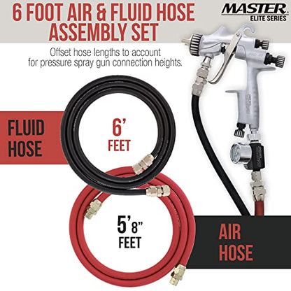 Master Elite Series 6 Foot Air and Fluid Hose Assembly Set with Fittings for Spray Guns, Paint Pressure Pot Tanks, Professional Heavy Duty - Air 3/8" NPS, 5/16" ID & Fluid Hose 1/4" NPS, 1/4" ID - size: 6-Foot Set