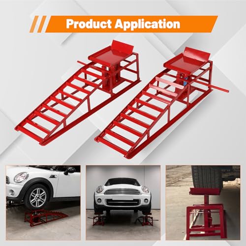 2 Pack 5T Low Profile Hydraulic Car Ramps, Red | Integrated Hydraulic Jack, Adjustable Lifting Height, High-Strength Steel, Ideal for Low Profile Vehicles, DIY Garage - size: 10000lbs/5T-Red