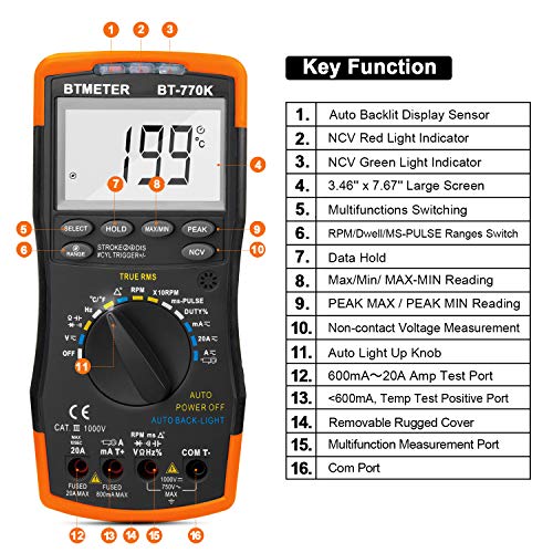 BTMETER BT-770K Auto Ranging Automotive Multimeter for Dwell Angle Pulse Width Tach Temperature Duty Cycle Voltage Current Resistance Test