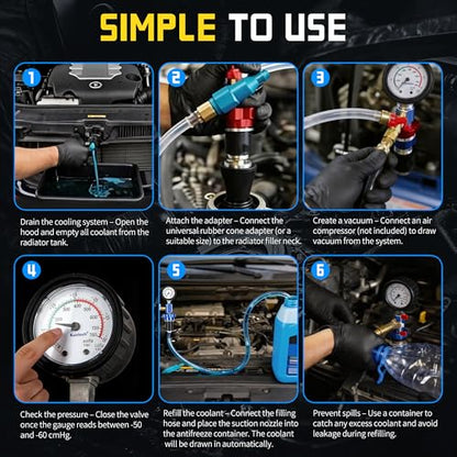 Kuntech Coolant Vacuum Refill Kit, Quick Airlift Coolant Refill Tool, Universal Adapters, Well-Sealed Cooling System Vacuum Purge & Refill Kit with Pressure Gauge for Most Vehicles
