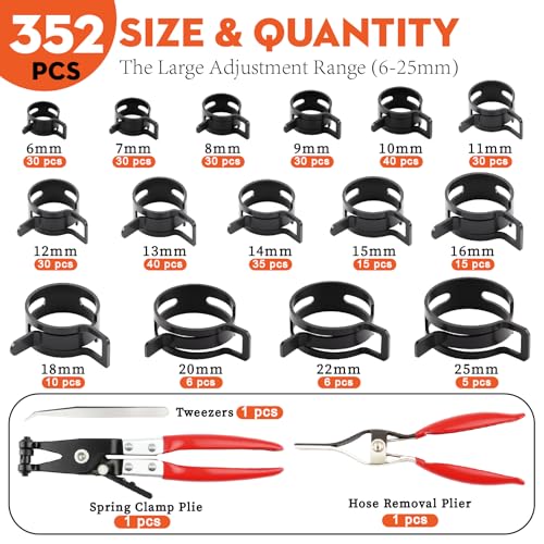 352Pcs Spring Band Hose Clamp Kit with Pliers, 15 Sizes 6-25mm Black Carbon Steel Spring Clamps for Fuel Lines Coolant Vacuum Hoses,Automotive Marine DIY - color: 352-piece