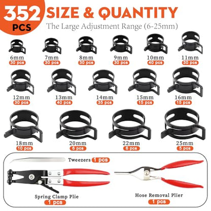 352Pcs Spring Band Hose Clamp Kit with Pliers, 15 Sizes 6-25mm Black Carbon Steel Spring Clamps for Fuel Lines Coolant Vacuum Hoses,Automotive Marine DIY - color: 352-piece