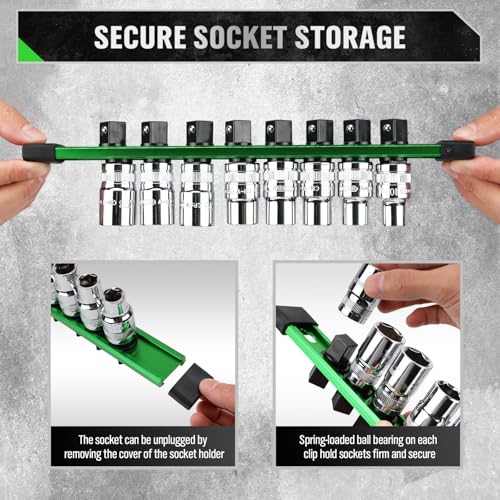 6-piece Socket Organizer Storage Set, 1/4-Inch, 3/8-Inch, 1/2-Inch Double Sided Aluminum Alloy Socket Holder Rail, Drive Socket Trays Holds 108 Sockets, 360° Swivel Clip Socket Holder Kit for Tool Box