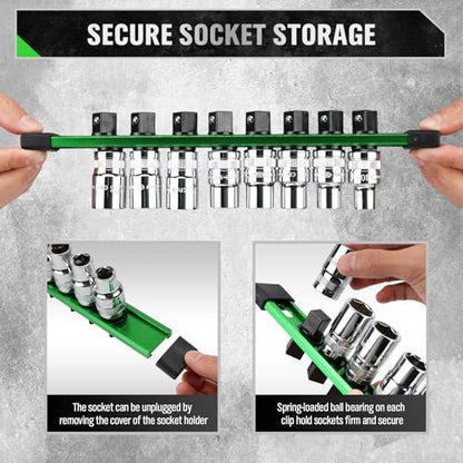 6-piece Socket Organizer Storage Set, 1/4-Inch, 3/8-Inch, 1/2-Inch Double Sided Aluminum Alloy Socket Holder Rail, Drive Socket Trays Holds 108 Sockets, 360° Swivel Clip Socket Holder Kit for Tool Box