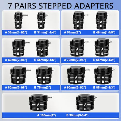 Turbo Boost System Leak Tester Kit 17PCS Turbocharger Leakage Detector Set | Turbine Pressure Testing Tool (6 Bar), 7 Pairs Stepped Adapters (1-1/4" to 4" Inlet & Outlet Plugs), Smoke Machine Connector