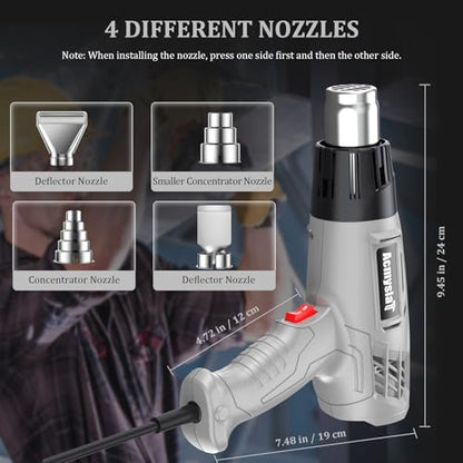 Heat Gun, Variable Temperature Settings 572℉~932℉ (300℃-500℃), Heat Hot Air Gun Overload Protection with 4 Nozzles for Shrinking Wrap, Crafting, Paint Removing, Epoxy Resin (Gray) - color: Gray