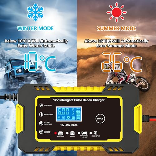 12V 6-Amp Battery Charger, Smart Trickle Charger Maintainer Yellow | Battery Desulfator, Winter & Summer Mode, Lead-acid Battery Chargers, for Car Truck Motorcycle Lawn Mower Boat - color: YELLOW