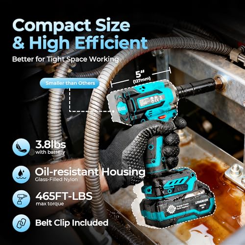 Brushless 1/2" Cordless Impact Wrench Kit, 630N.m (465Ft.lb) Impact Gun | 4.0Ah Battery and Fast Charger, 3-Mode Speed, 2500RPM 20V Power Impact Driver Electric Impact Wrench with LED Light for Car
