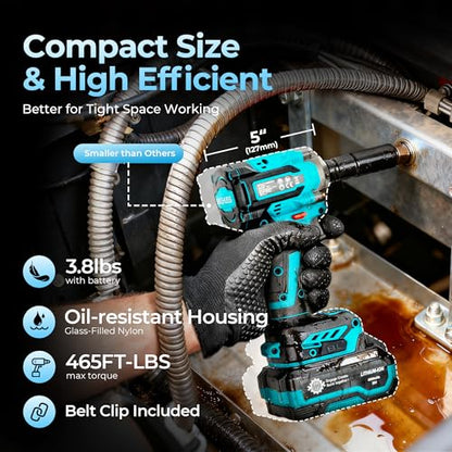 Brushless 1/2" Cordless Impact Wrench Kit, 630N.m (465Ft.lb) Impact Gun | 4.0Ah Battery and Fast Charger, 3-Mode Speed, 2500RPM 20V Power Impact Driver Electric Impact Wrench with LED Light for Car