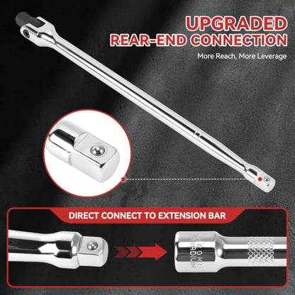 10PC Breaker Bar Set, Dual-end 3 Extension Bars, 3/8", 1/2" 1/4" Drive | 3/8", 1/2" and 1/4" Drive, 180° Rotatable Head, 6'', 10'', 15'' Length, 3 Extension Bars, Organizer Case - style: Dual-ended