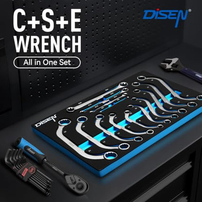DISEN 14-Piece Half Moon&S-Style & E-Torx Wrench Set, CR-V, Wrench 5-Piece Half Moon Box Set Metric 8mm to 22mm,4-Piece E-Torx E6-E24,5-Piece S-Style Box 10-19mm,12 Point, EVA Foam Tool Organizer - style: 14 PCS