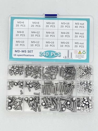 Button Head/Hex Socket/Phillips Flat Head Screws Assortment - Furniture, Auto, Home Repair Fastener Kit (240 PCS M3-M5 Cross Head Screws Set) - color: 240 PCS M3-M5 Cross Head Screws Set