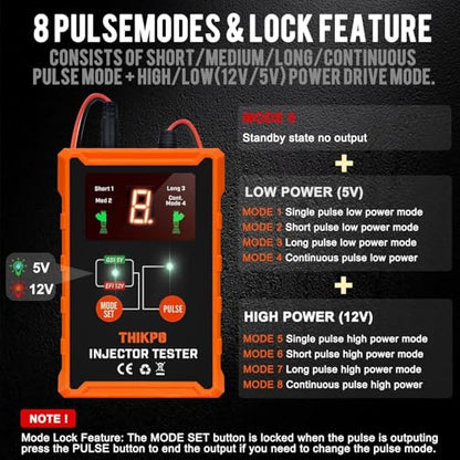 Universal Fuel Injector Tester and Cleaner Tool Kit, DIY Cleaning Tool Kit | with 8 Size Cleaning Adapters, 8 Pulse Modes, 4 Wires Dual Channel for 2 Fuel Injectors Simultaneously Test, 12V/5V Output