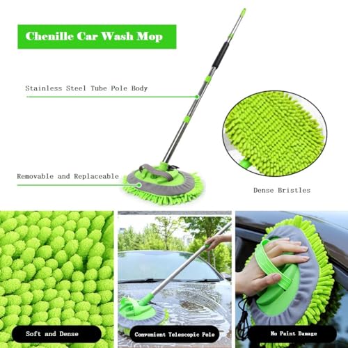 62'' Car Wash Brush Cleaning Kits with Long Handle Foldable Car Wash Brush Windshield Window Squeegee Car Washing Supply Set for All Car