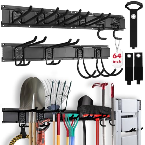 SEDY 64" Heavy Duty Garage Storage Tool Organizer Wall Mount - Tool Rack with Adjustable Hooks, Anti-Rust, 300lbs Capacity - Easy Installation (4 Racks, 10 Hooks, 3 Straps) - style: 64" Garage Wall Organizer (4 Panels, 10 Hooks, 3 Straps)