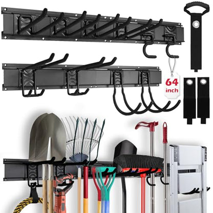 SEDY 64" Heavy Duty Garage Storage Tool Organizer Wall Mount - Tool Rack with Adjustable Hooks, Anti-Rust, 300lbs Capacity - Easy Installation (4 Racks, 10 Hooks, 3 Straps) - style: 64" Garage Wall Organizer (4 Panels, 10 Hooks, 3 Straps)