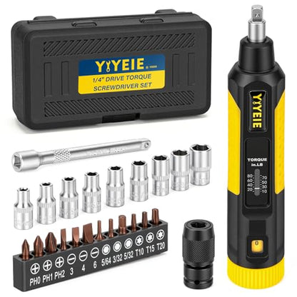 24Pcs Torque Screwdriver, 10-80 In-lbs, Inch Pound Torque Wrench Screwdriver Set for Maintenance, with S2 Steel Bits, Sockets & Case -1/4" Drive Fat Wrench Screwdriver for Bike Repairing, Mounting - size: 24PCS, style: Square