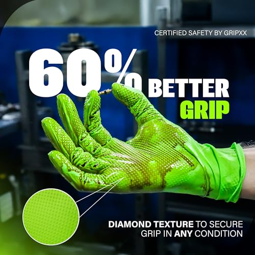 GRIPXX Herkules Grip Heavy Duty 8Mil Green Nitrile Gloves,3D Raised Diamond Texture-Latex & Powder Free-Industrial, Mechanic | Pack of (100 CT) - size: Large, style: Green - 100 Count