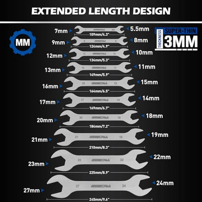 19-Piece Super Thin Open-End Wrench Set, SAE 1/4"-1-1/16" & Metric 5.5–27 mm, 3 mm Thickness Slim Wrench Set for Tight Spaces, Nickel Plated Flat Wrenches with Red & Blue Rolling Storage Pouches - style: 19-Pc MM/SAE (3mm Super Thin)