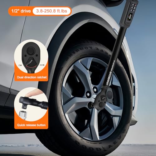 Uharbour 1/2" Drive Digital Torque Wrench 3.8-250.8 Ft.lb | ±1% Accuracy Wrench with Vibration, Buzzer & LED Alert for Car & Moto - size: 1/2" Drive 3.8-250.8 ft.lbs