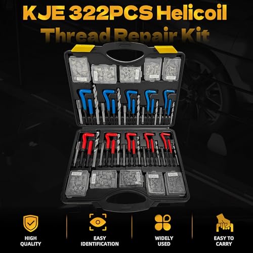 KJE 322PCS Helicoil Thread Repair Kit, Metric (M5-M12) & SAE (1/4"-1/2") Thread Restorer Kit with HSS Drill Bits Taps Thread Inserts Break-Off Tools, Stripped Thread Repair Kit for Automotive - size: 322PCS