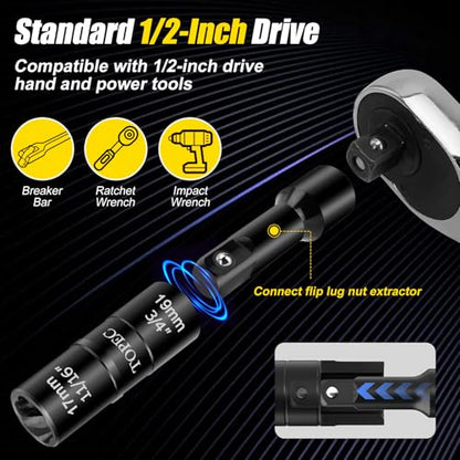 Topec 1/2" Drive Impact Extension Bar, for Flip Lug Nut Extractor Socket, 3"