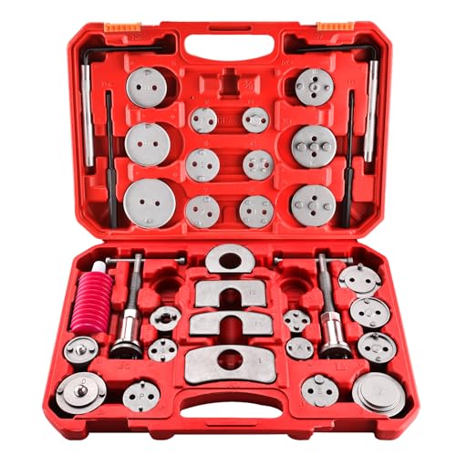 8MILELAKE 35pcs Disc Brake Caliper Tool Kit, Heavy Duty Disc Brake Piston Caliper Compressor Rewind Tool for Brake Pad Replacement, Fits Most American, European, Japanese Autos (Red) - color: Red