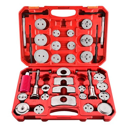 8MILELAKE 35pcs Disc Brake Caliper Tool Kit, Heavy Duty Disc Brake Piston Caliper Compressor Rewind Tool for Brake Pad Replacement, Fits Most American, European, Japanese Autos (Red) - color: Red